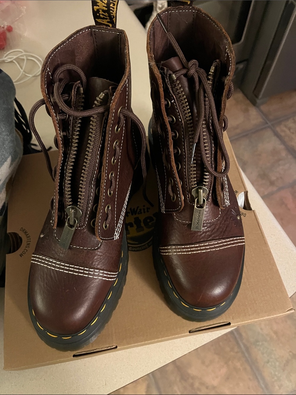 Dr. Martens Women's Brown Floral Stitch Leather Platform Boot - Picture 4 of 8